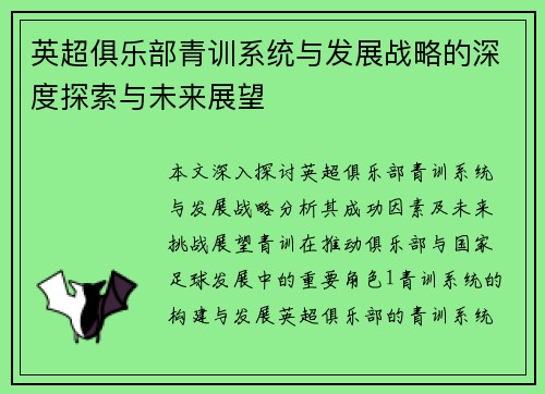 英超俱乐部青训系统与发展战略的深度探索与未来展望