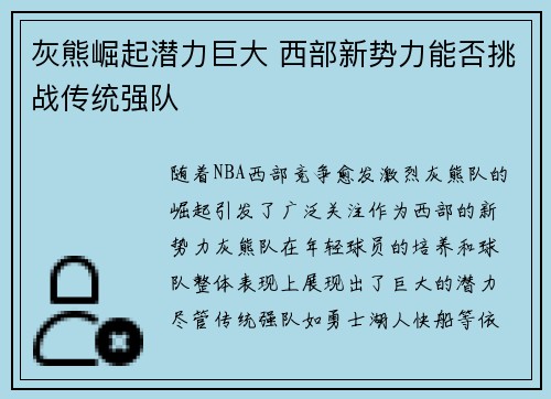 灰熊崛起潜力巨大 西部新势力能否挑战传统强队
